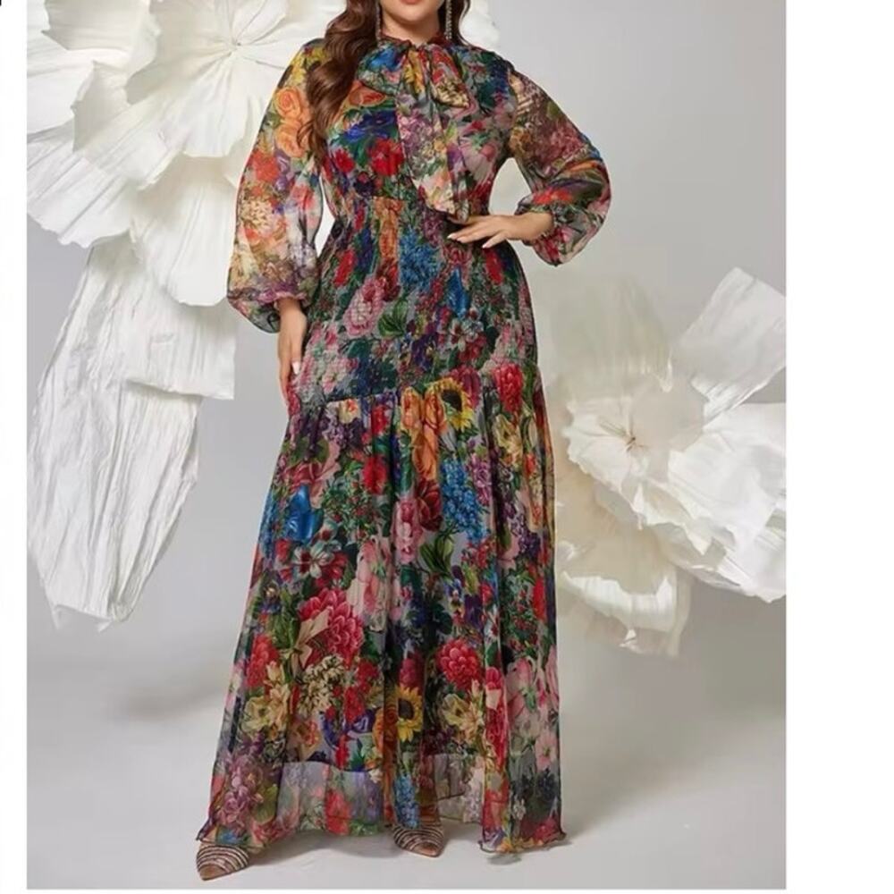 Toleen dark floral maxi dress long sleeve smocked waist garden whimsy goth fairy